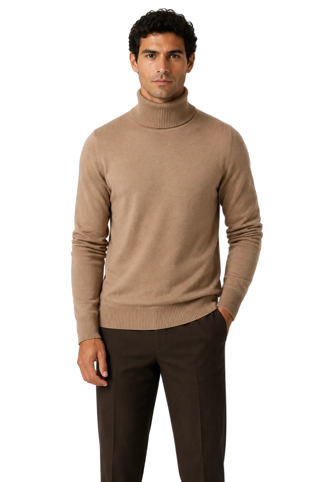 ROLL NECK JUMPER LIGHTWEIGHT STRETCH COTTON, CAMEL