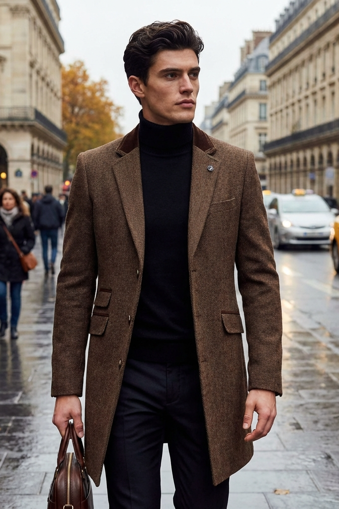 COSMO – BROWN HERRINGBONE WOOL BLEND LONG OVERCOAT