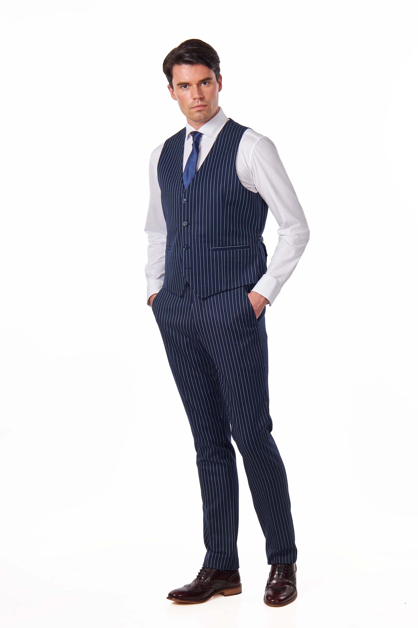MENS CLASSIC WHITE PIN STRIPE NAVY PEAKY BLINDERS TAILORED FIT WAISTCOAT
