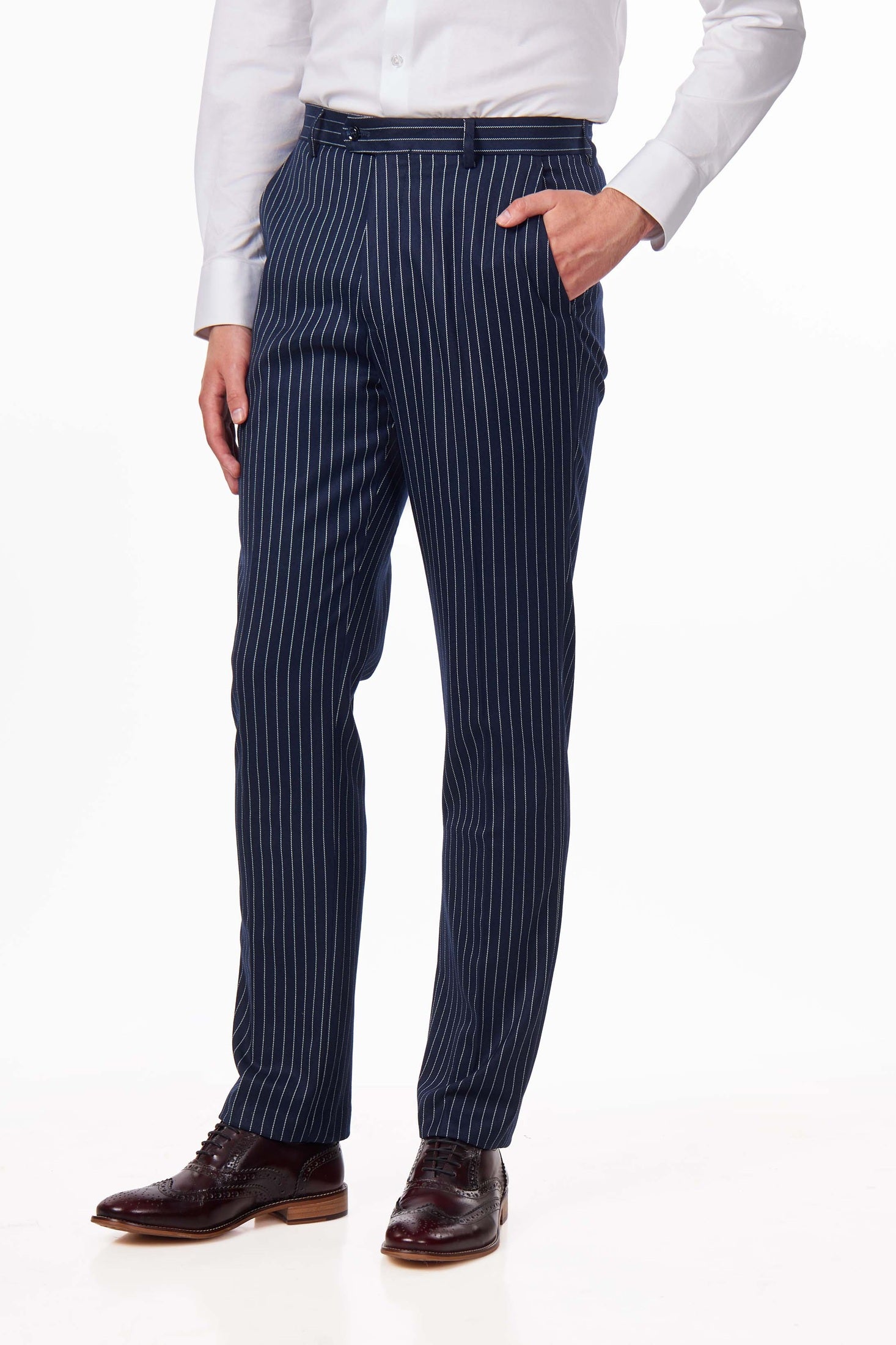 WHITE PINSTRIPE ON NAVY BLUE TROUSER