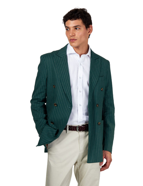 LLOYD – Double Breasted Linen Jacket In Green Pinstripes