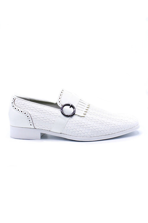 White Faux Woven Leather Slip-On Monk Strap Loafers Shoes