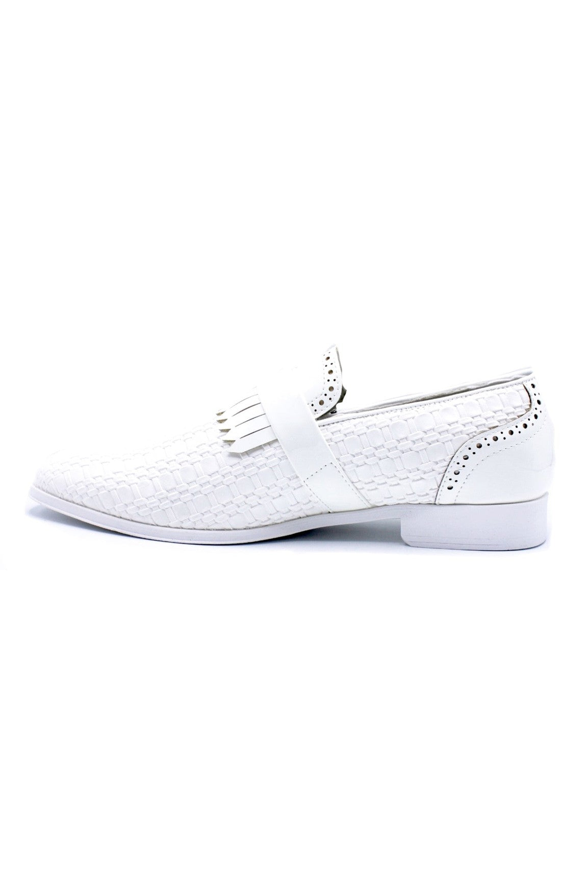 White Faux Woven Leather Slip-On Monk Strap Loafers Shoes