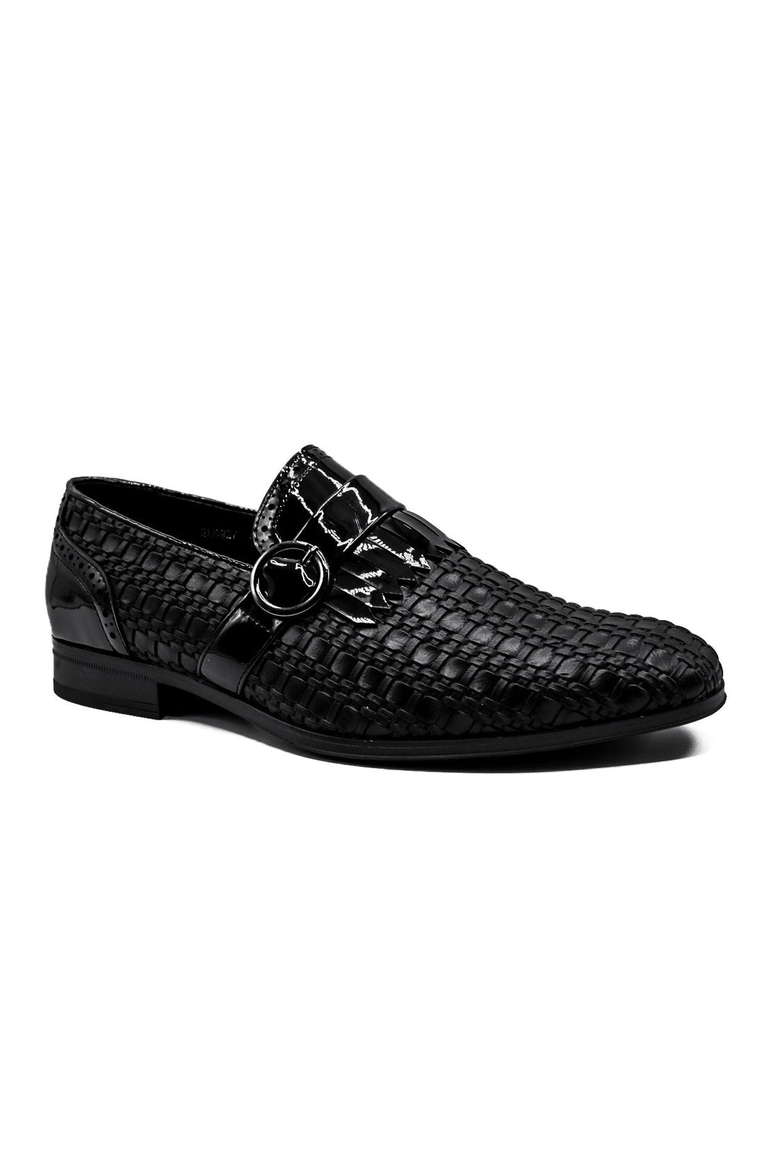 Black Faux Woven Leather Slip-On Monk Strap Loafers Shoes