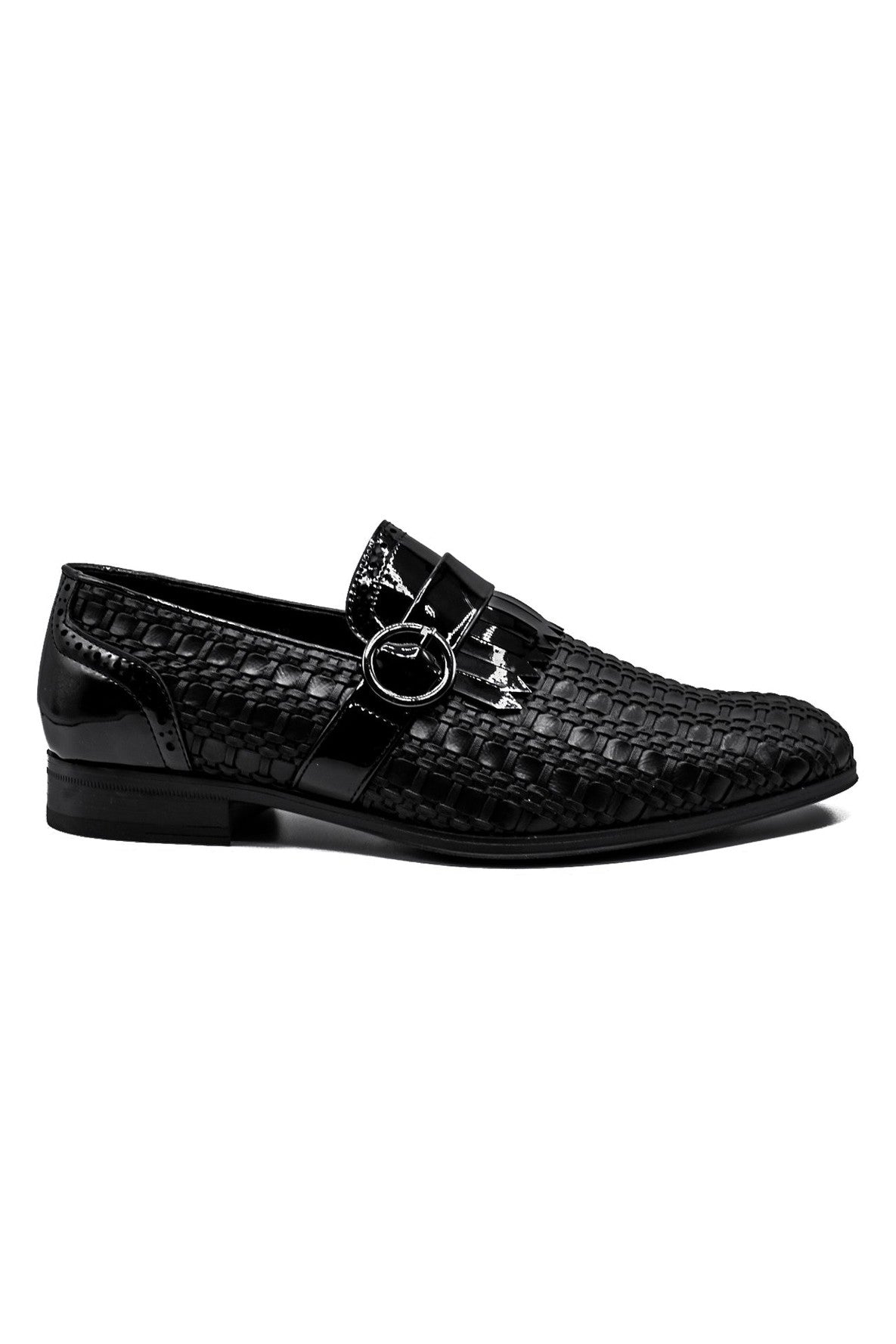 Black Faux Woven Leather Slip-On Monk Strap Loafers Shoes
