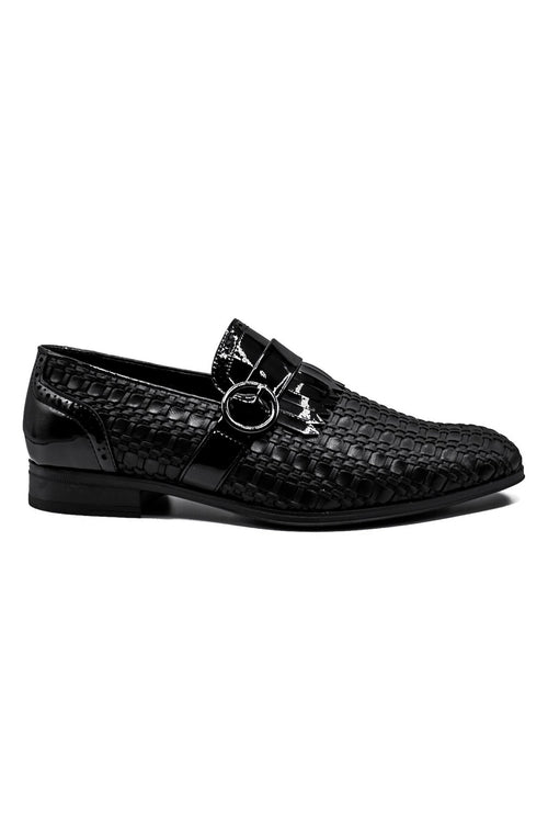 Black Faux Woven Leather Slip-On Monk Strap Loafers Shoes