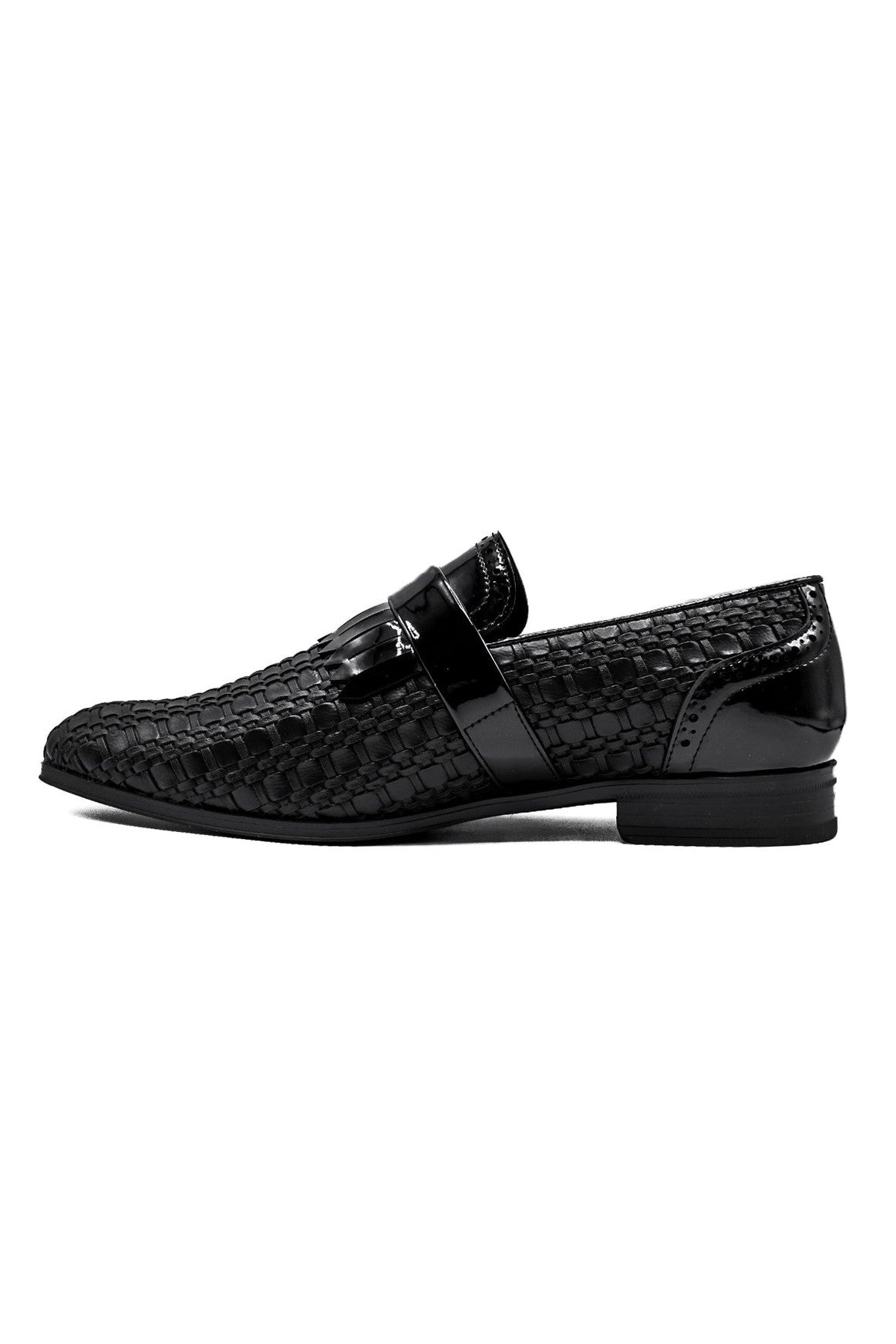 Black Faux Woven Leather Slip-On Monk Strap Loafers Shoes