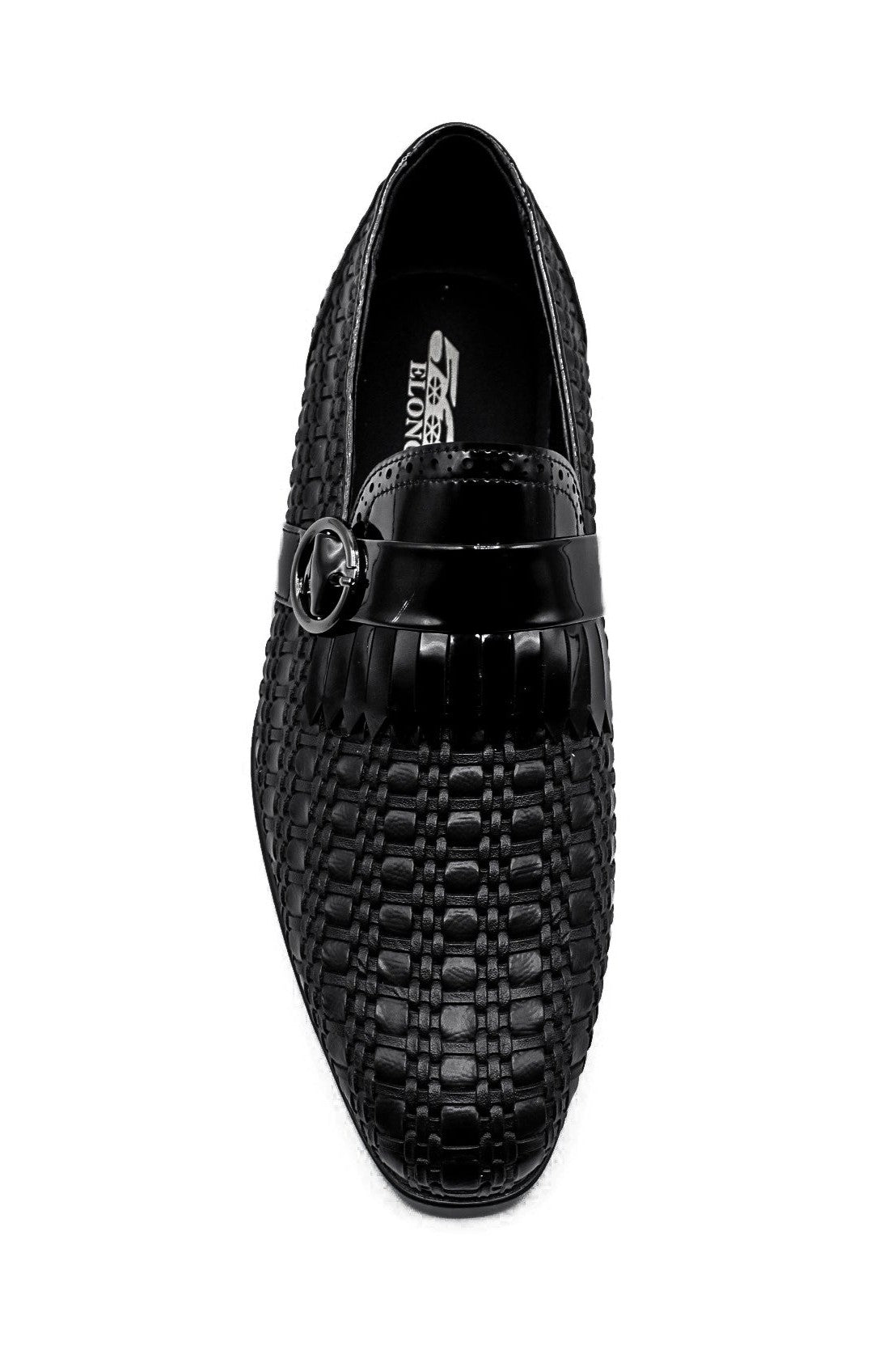 Black Faux Woven Leather Slip-On Monk Strap Loafers Shoes