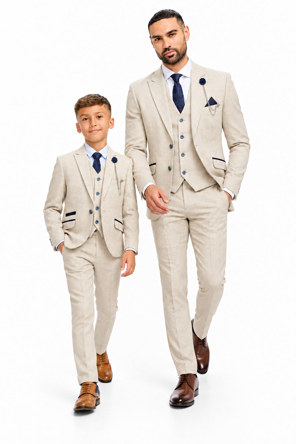 Father & Son Caridi Beige Check 3 Piece Matching Suit