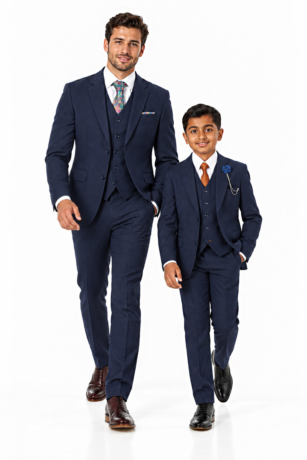 Father & Son Navy Prince of Wales Check Tailored Fit 3-Piece Suit