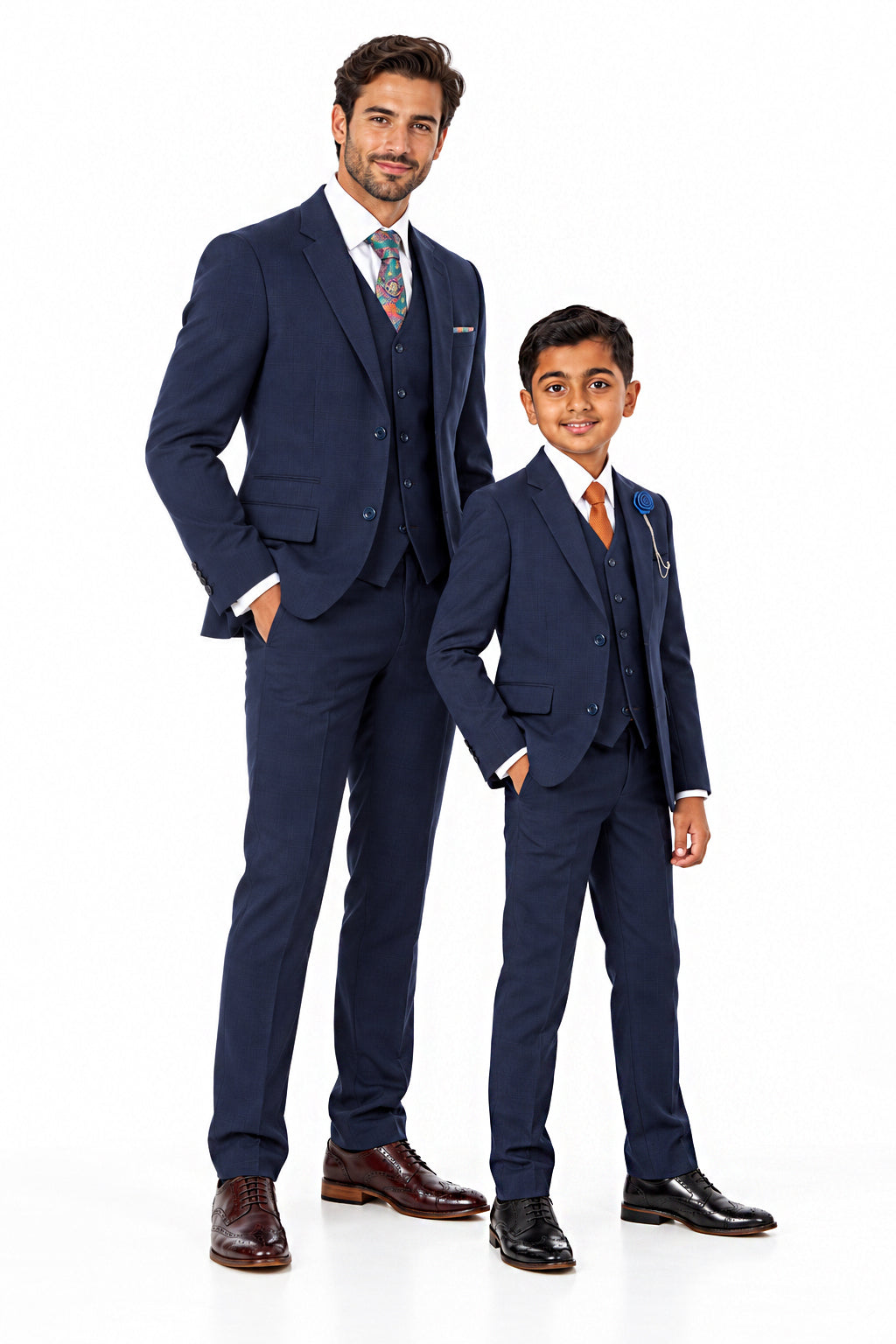Father & Son Navy Prince of Wales Check Tailored Fit 3-Piece Suit