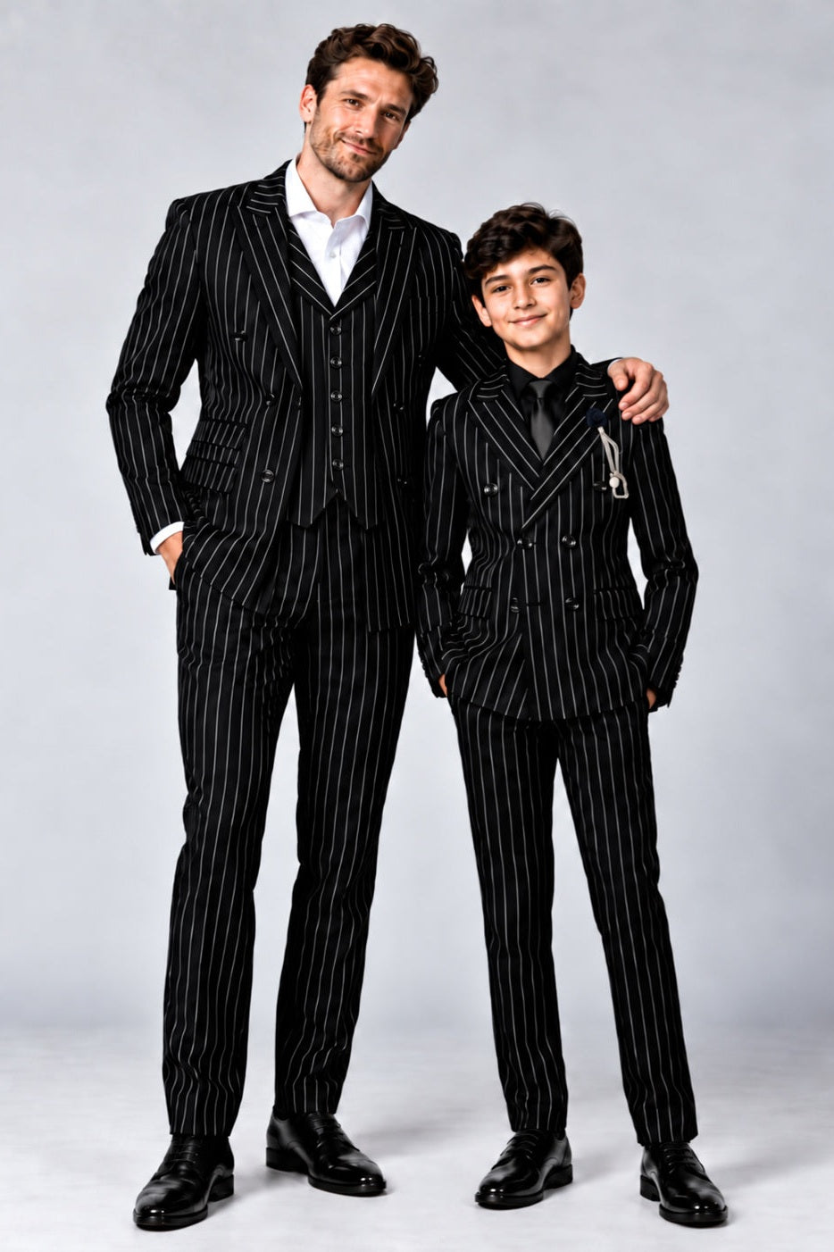 Father & Son Matching Alfred Black Chalk Stripe Double Breasted Suit