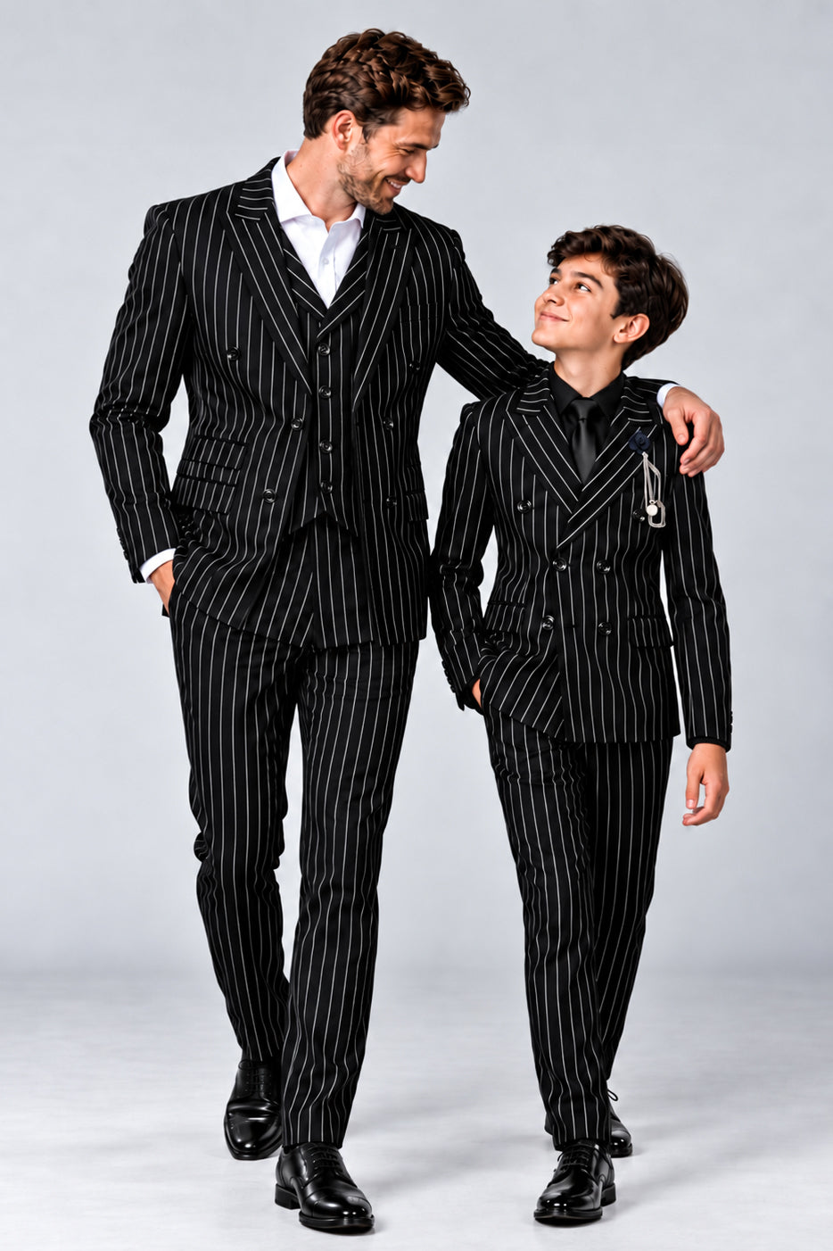 Father & Son Matching Alfred Black Chalk Stripe Double Breasted Suit