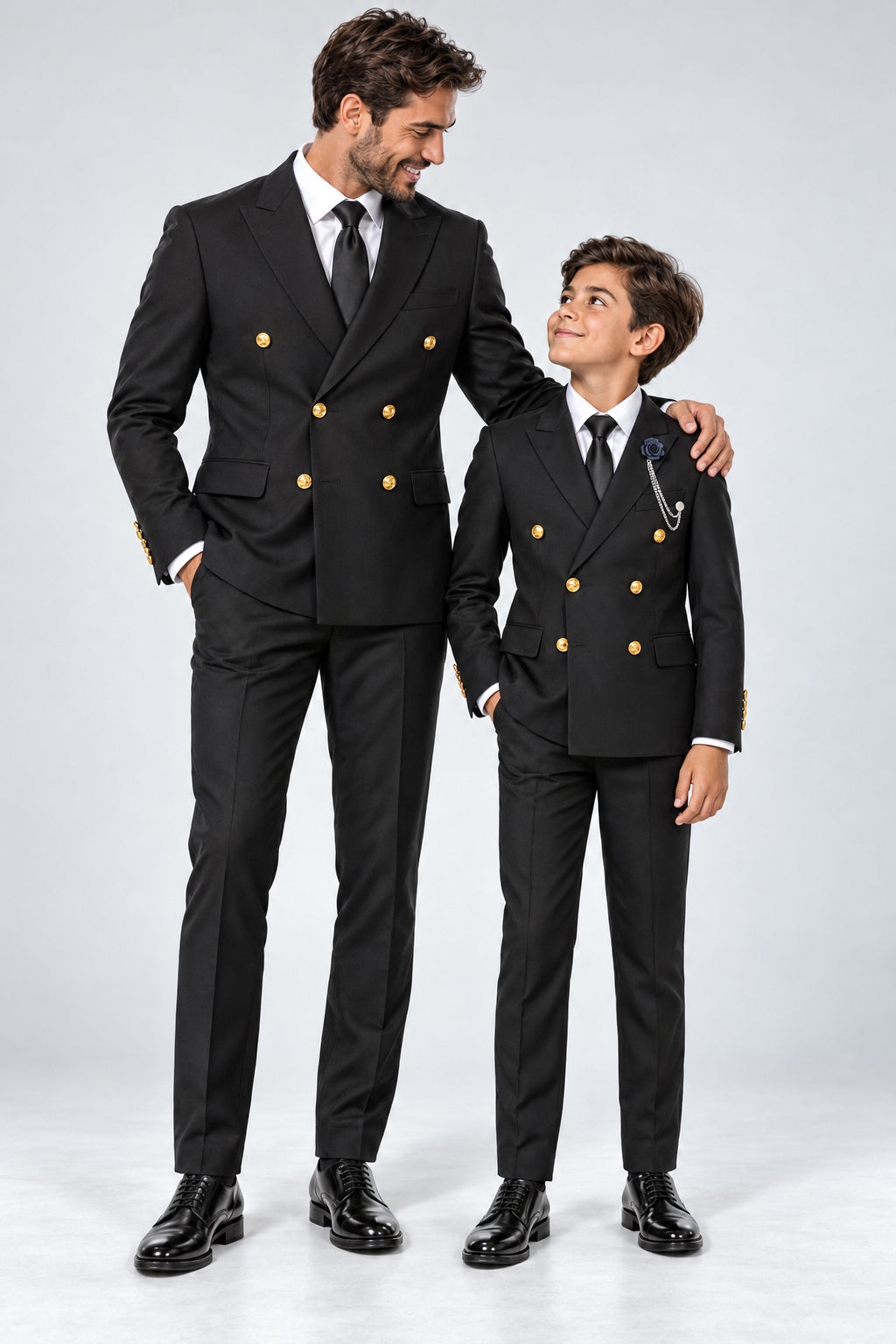Father & Son Black Double-Breasted 2 Piece Suit Gold Button
