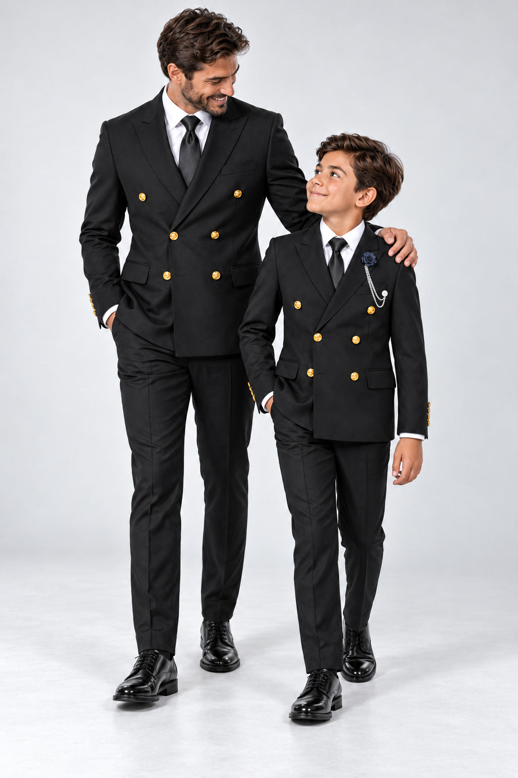Father & Son Black Double-Breasted 2 Piece Suit Gold Button