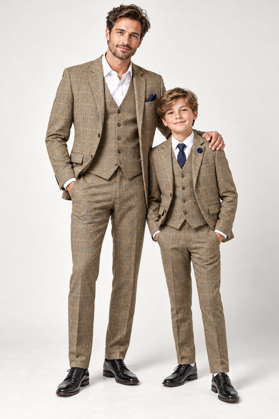 XPOSED London Father & Son Brown Tweed Check 3 Piece Suits