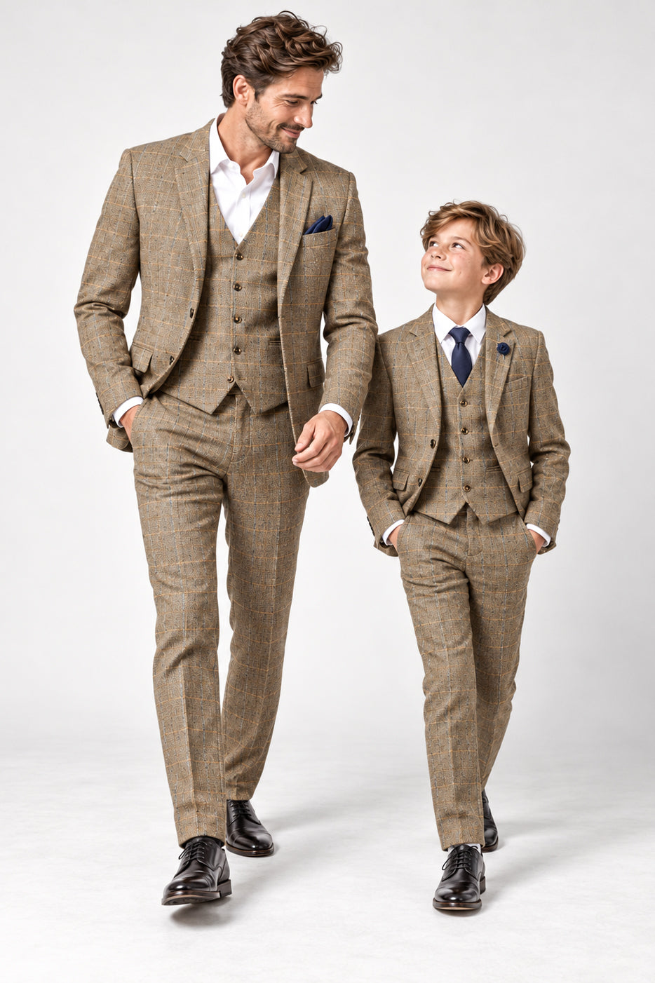 XPOSED London Father & Son Brown Tweed Check 3 Piece Suits