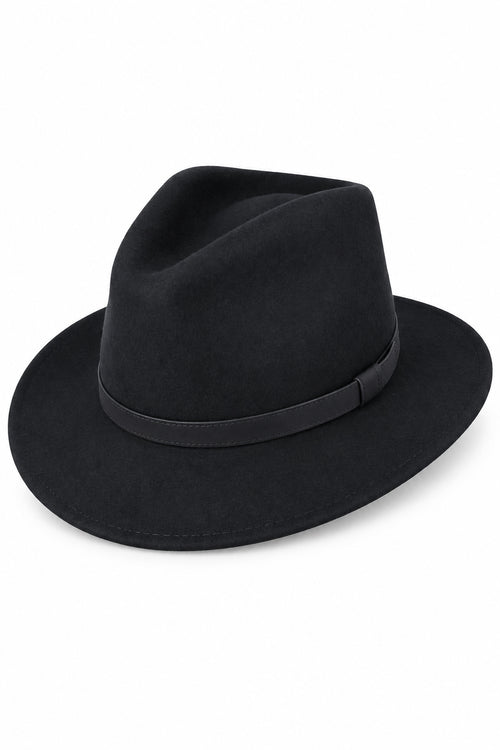 Unisex Wool Crushable Wide Brim Fedora Hat - BLACK