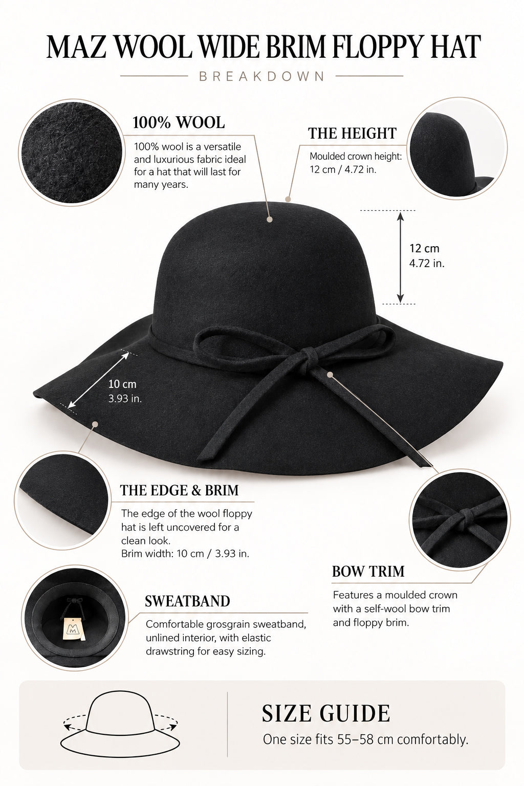 Ladies 100% Wool Wide Brim Floppy Hat with Bow Trim – Black