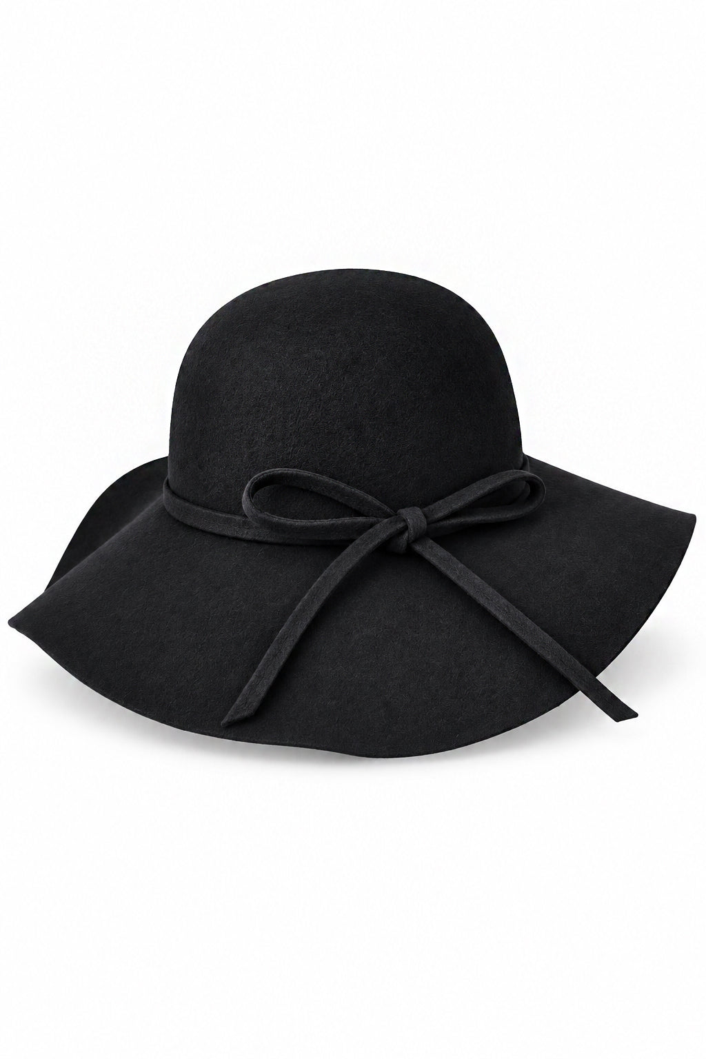 Ladies 100% Wool Wide Brim Floppy Hat with Bow Trim – Black