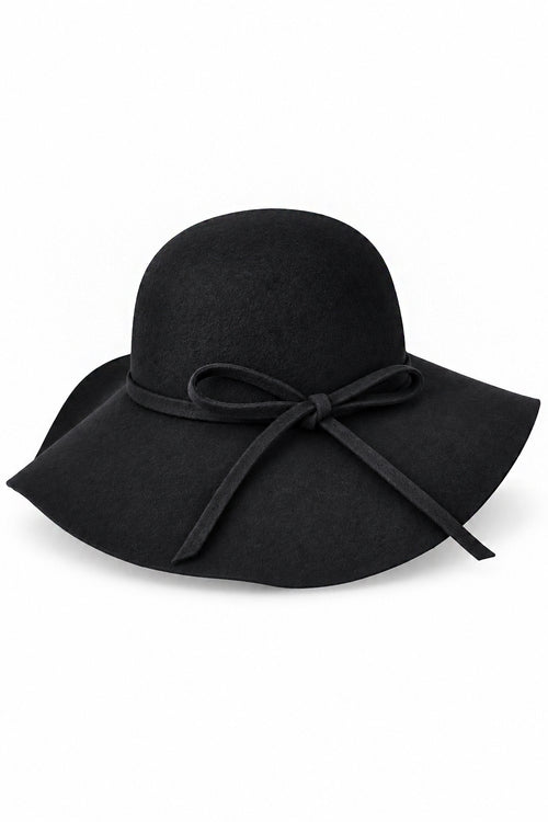 Ladies 100% Wool Wide Brim Floppy Hat with Bow Trim – Black