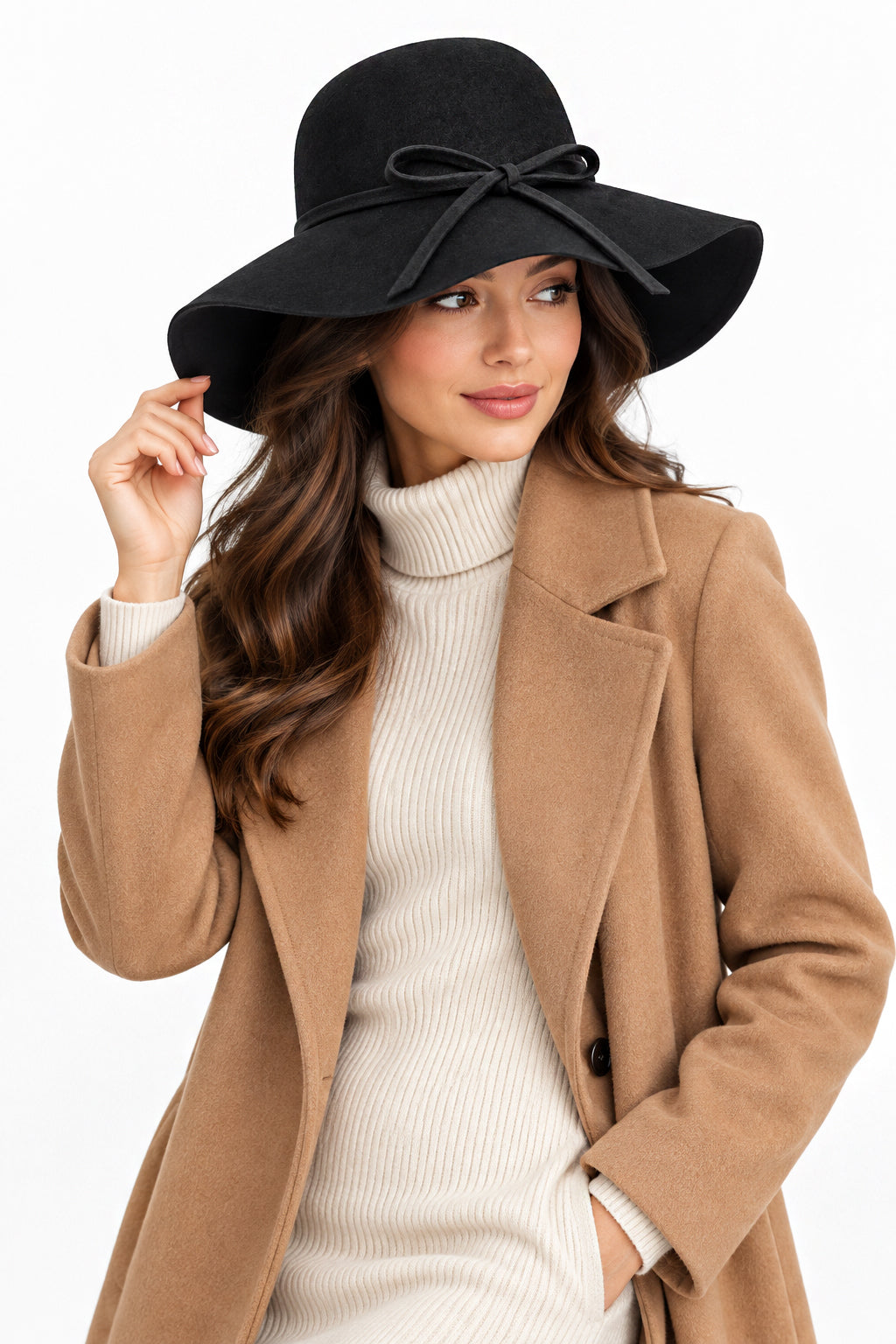 Ladies 100% Wool Wide Brim Floppy Hat with Bow Trim – Black
