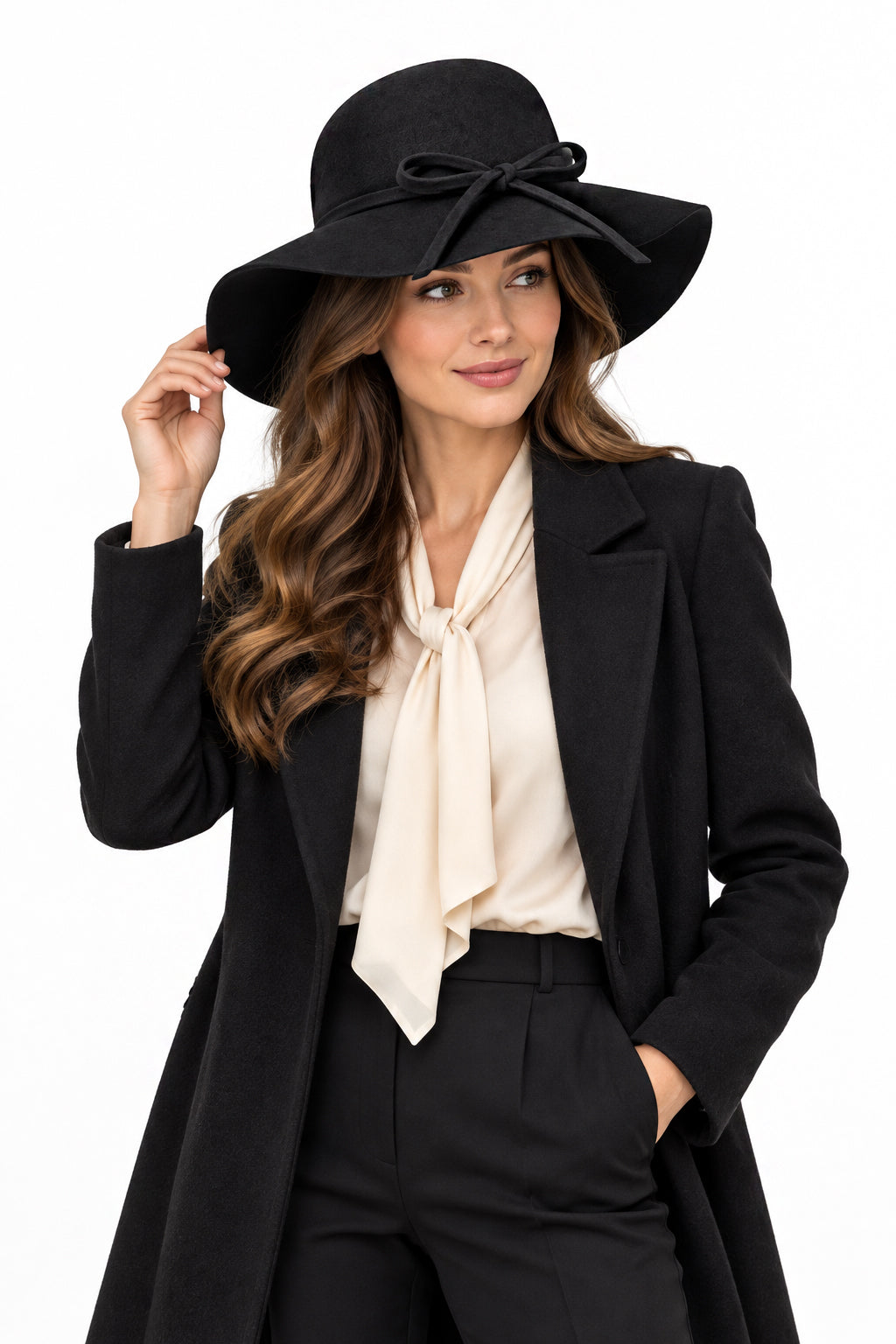 Ladies 100% Wool Wide Brim Floppy Hat with Bow Trim – Black