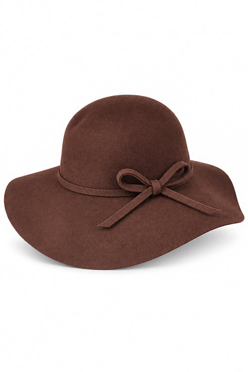 Ladies 100% Wool Wide Brim Floppy Hat with Bow Trim – Brown