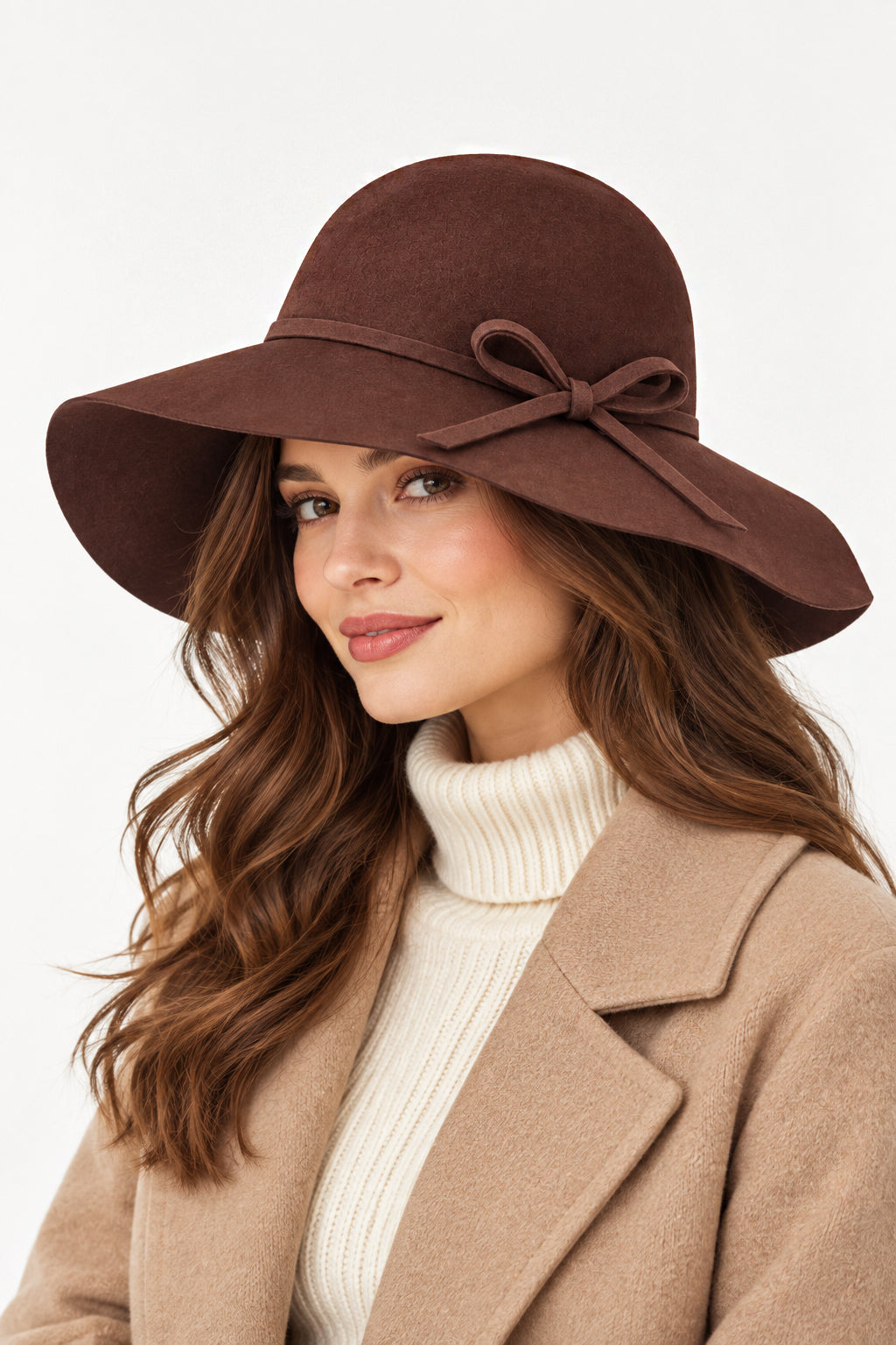 Ladies 100% Wool Wide Brim Floppy Hat with Bow Trim – Brown
