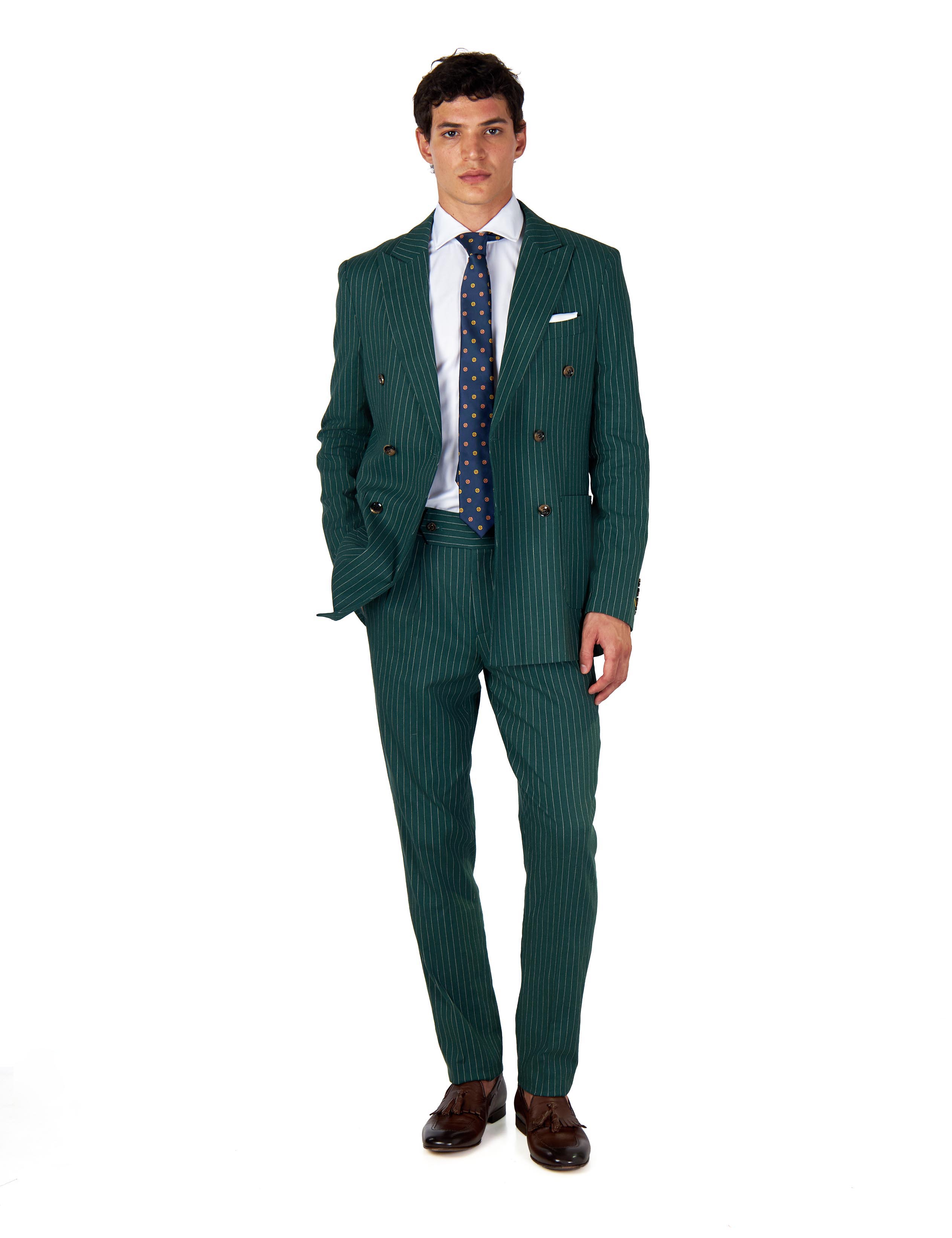 LLOYD – Double Breasted Linen Jacket In Green Pinstripes
