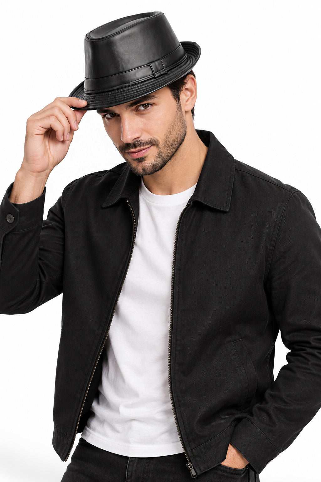 Men’s Black Faux Leather Fedora Trilby Hat