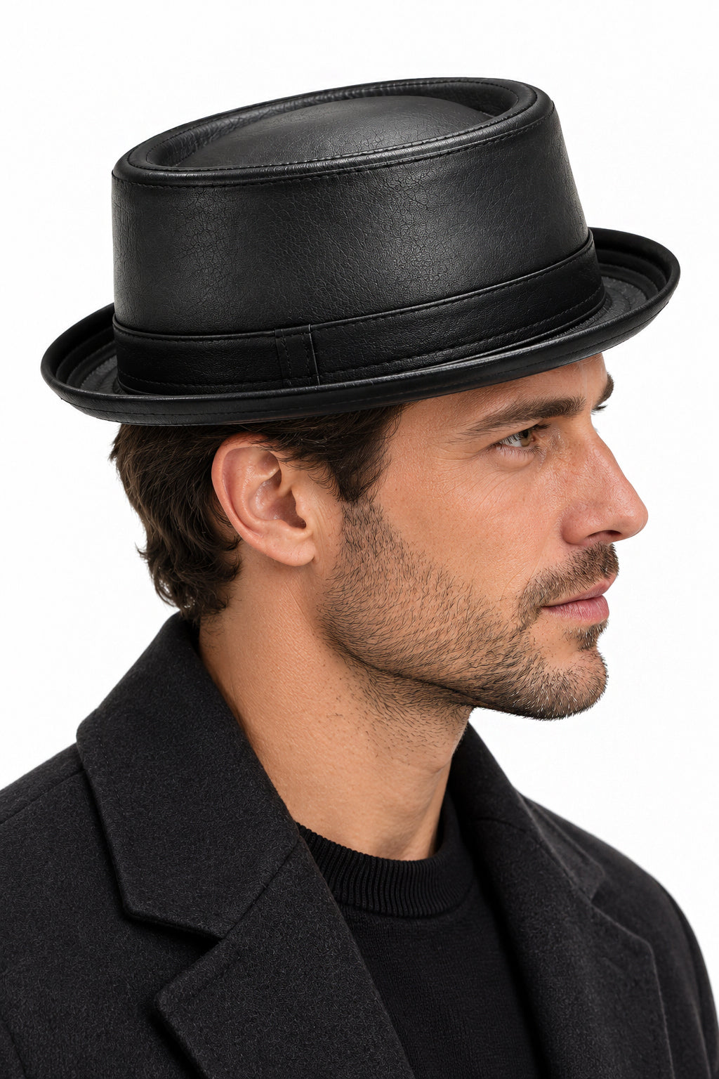 Unisex Black Faux Leather Pork Pie Trilby Hat Vintage Heisenberg Style