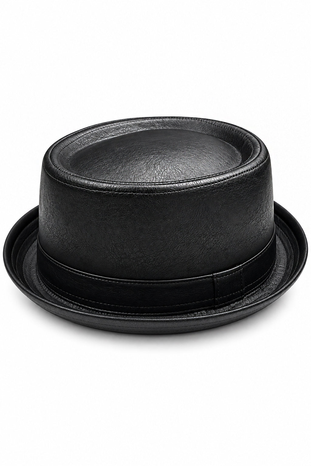 Unisex Black Faux Leather Pork Pie Trilby Hat Vintage Heisenberg Style