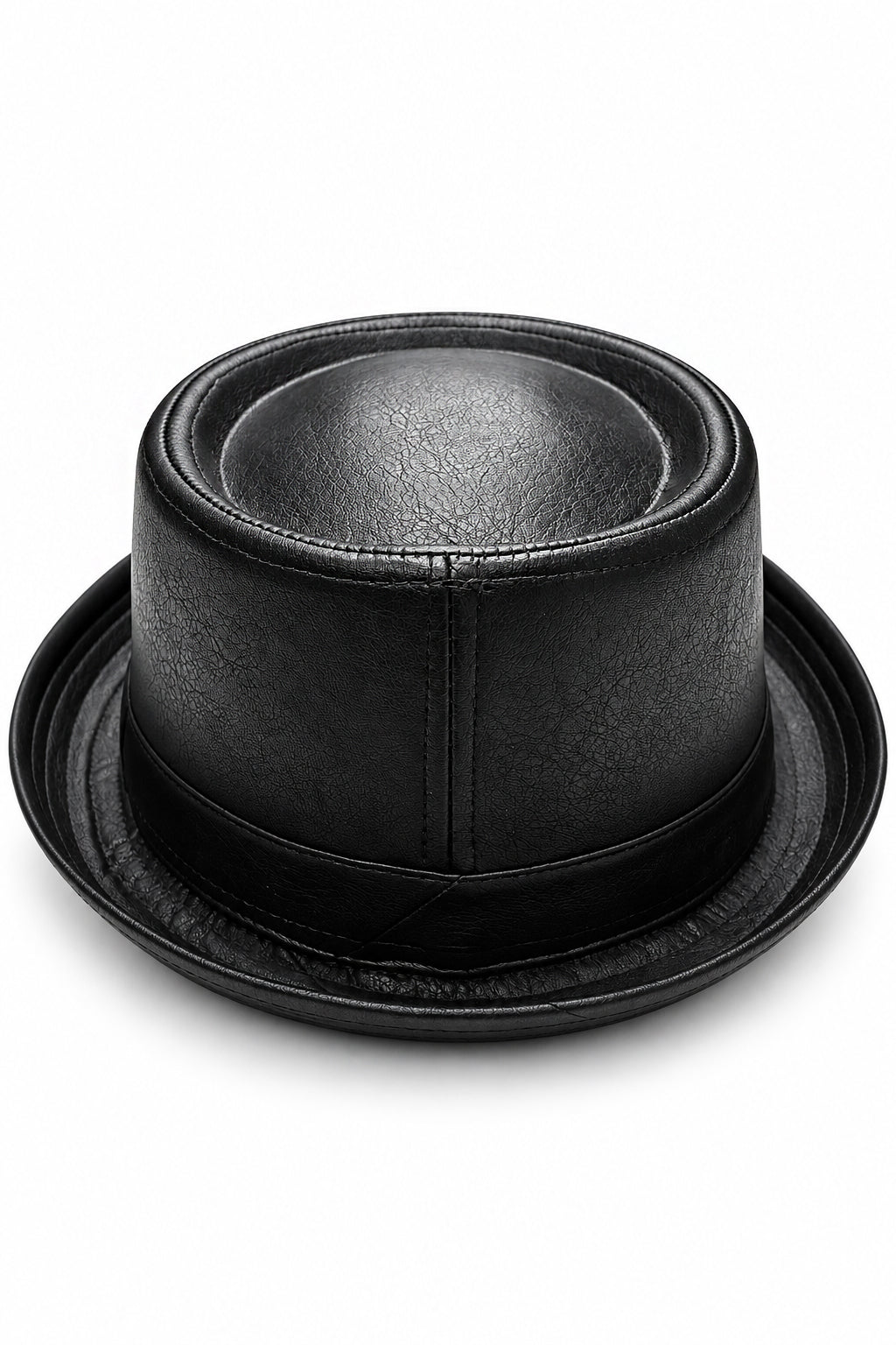 Unisex Black Faux Leather Pork Pie Trilby Hat Vintage Heisenberg Style