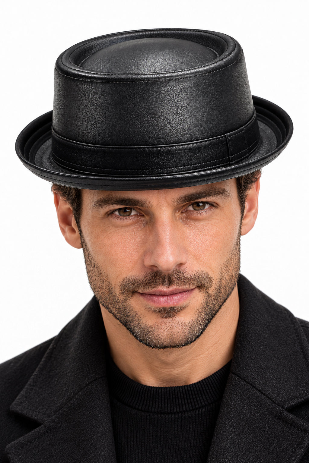 Unisex Black Faux Leather Pork Pie Trilby Hat Vintage Heisenberg Style