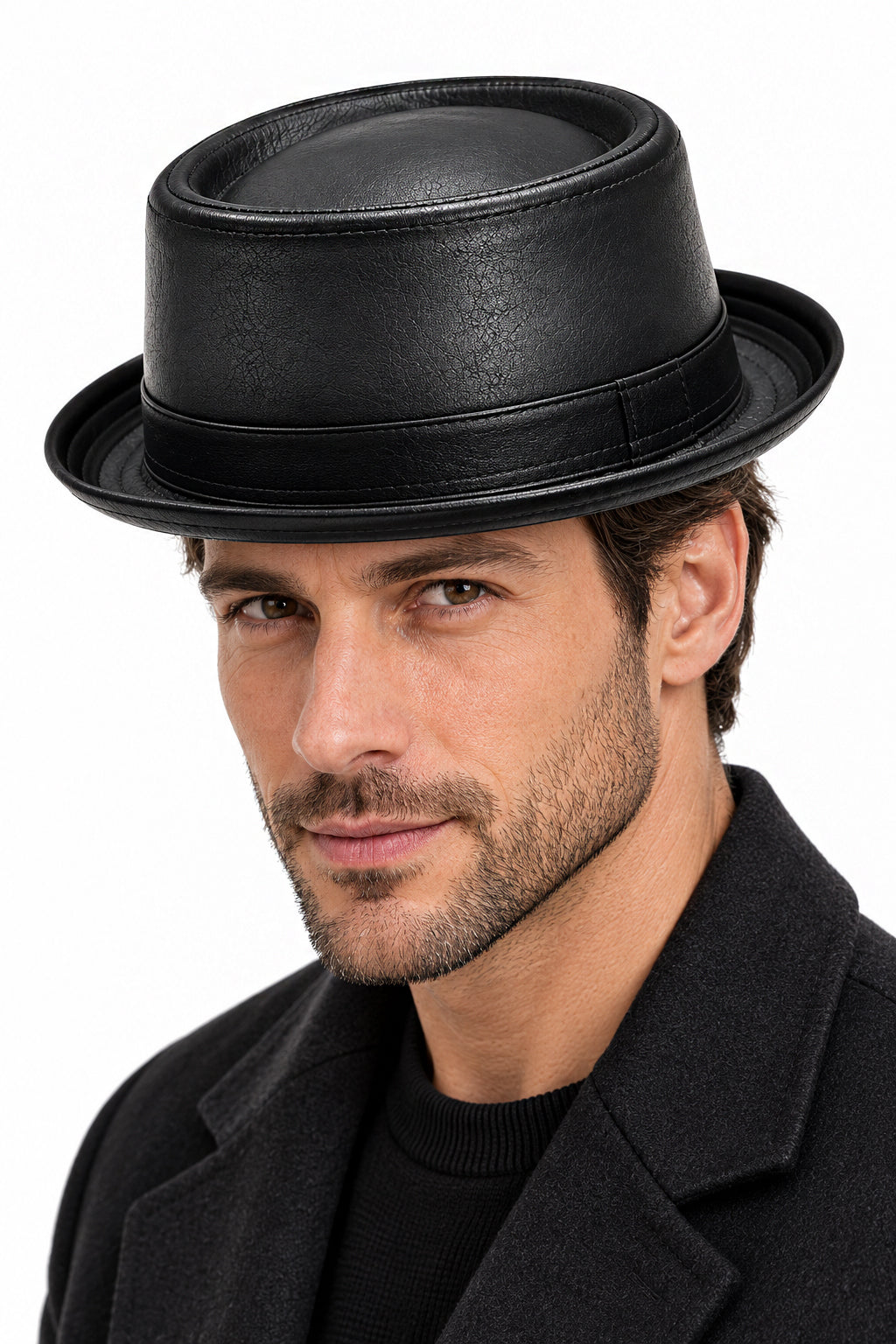 Unisex Black Faux Leather Pork Pie Trilby Hat Vintage Heisenberg Style