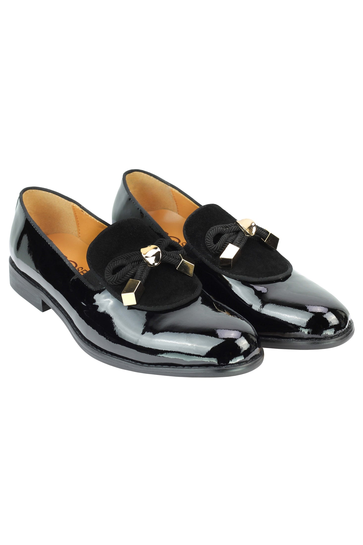 Mens Black Patent Real Leather Glossy Rope Bow Tie Metal Trim Loafers Wedding Party Shoes