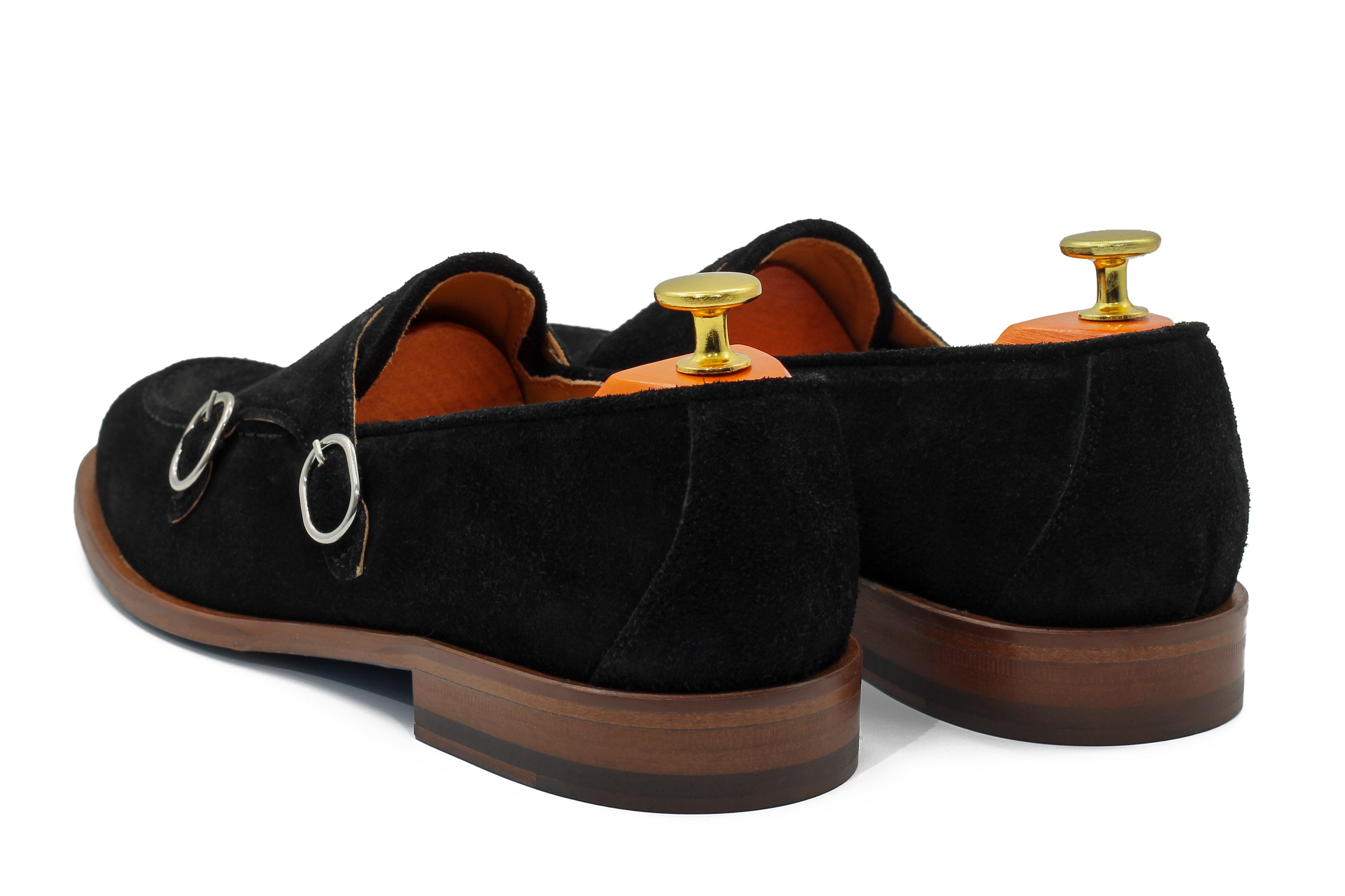 BLACK ITALIAN SUEDE DOUBLE BUCKLE MONK LOAFER