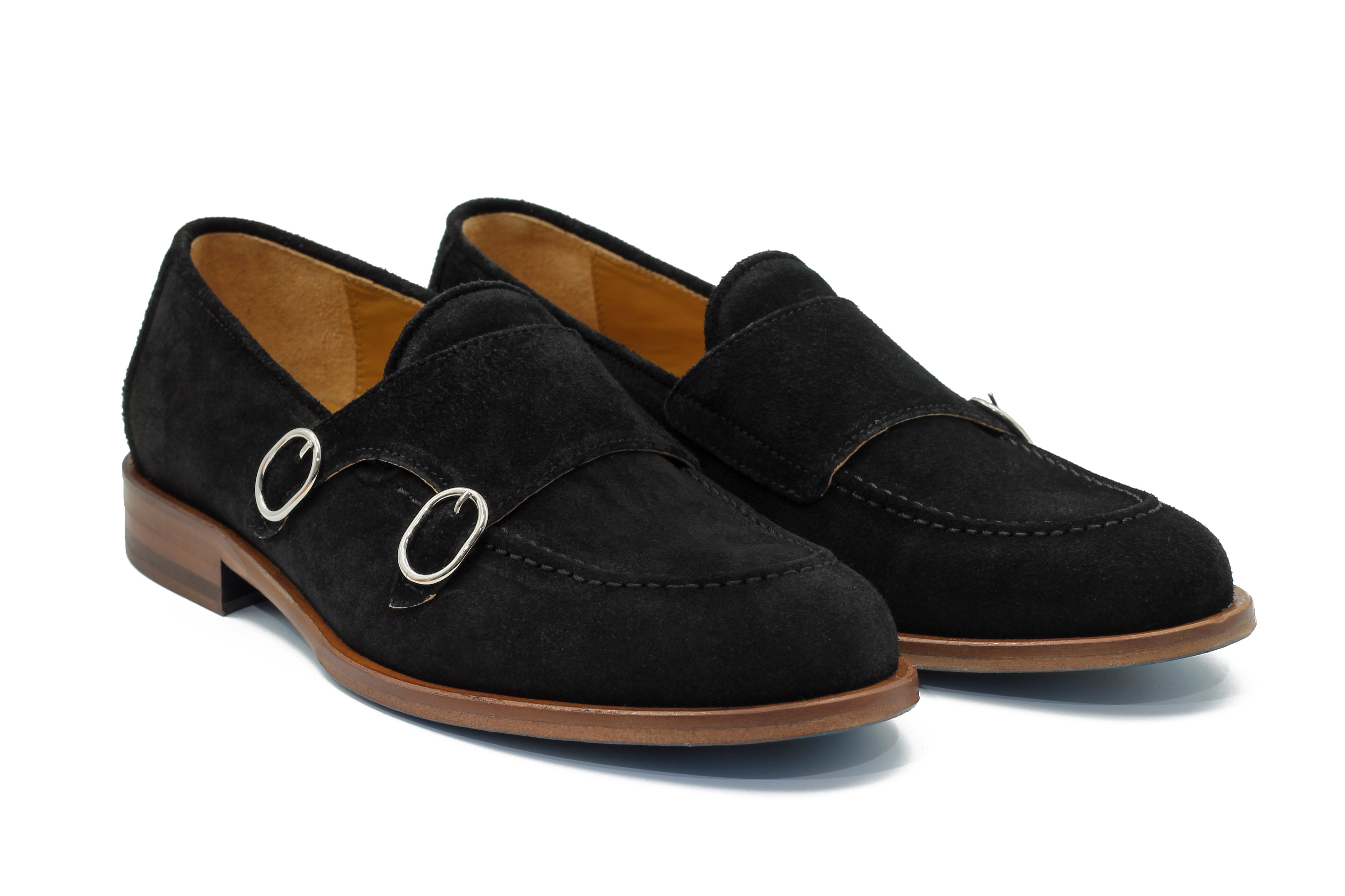 BLACK ITALIAN SUEDE DOUBLE BUCKLE MONK LOAFER