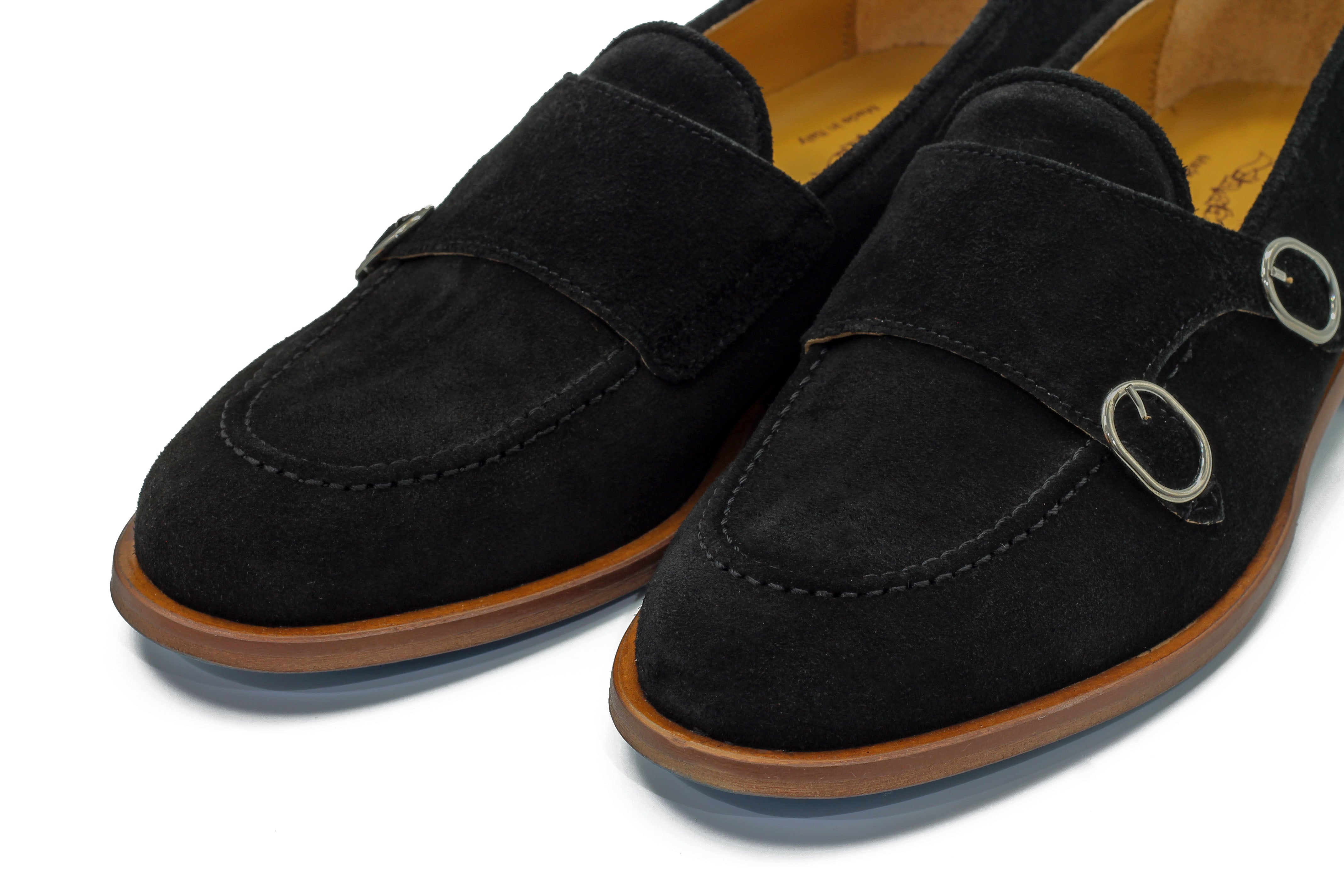 BLACK ITALIAN SUEDE DOUBLE BUCKLE MONK LOAFER