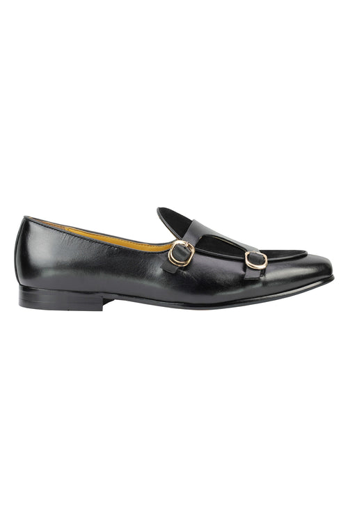 Schwarze Loafer aus echtem Leder mit doppeltem Monk-Riemen
