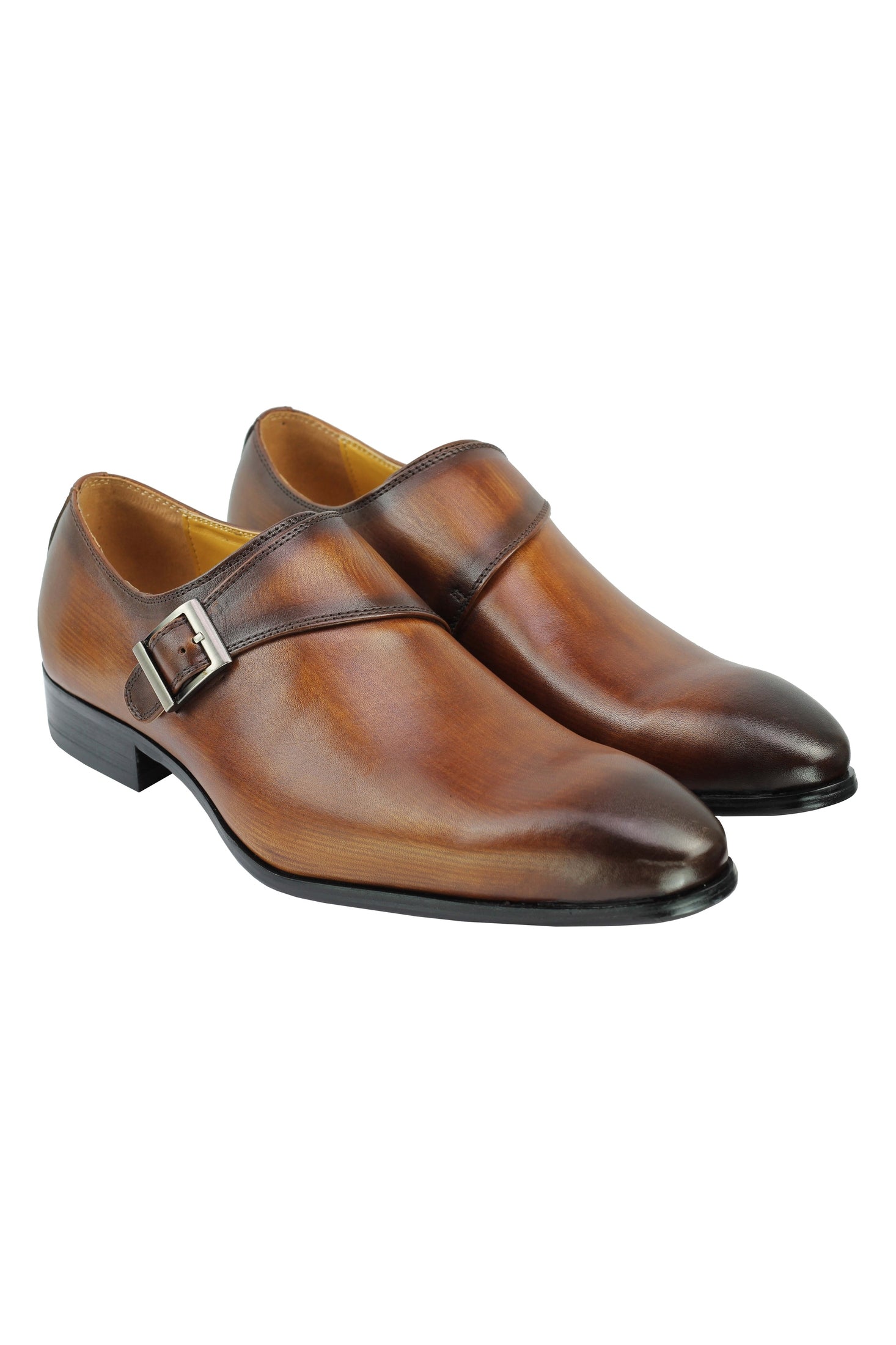 Real Leather Buckle Strap Slip Loafers Brown