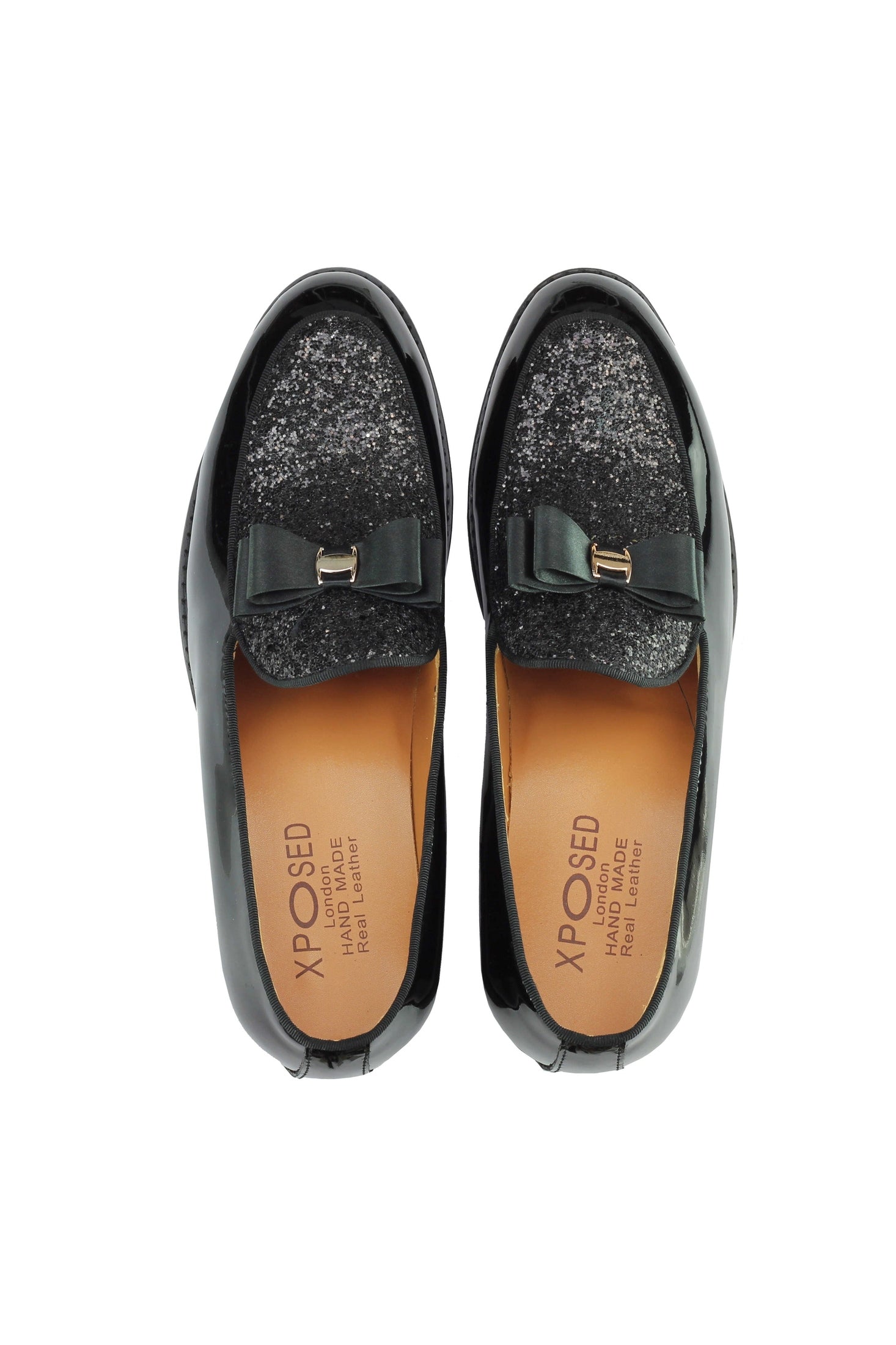 Real Leather Glossy Glitter Bow Tie Loafers