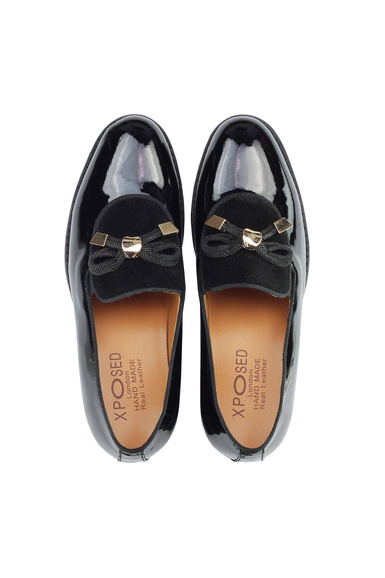 Mens Black Patent Real Leather Glossy Rope Bow Tie Metal Trim Loafers Wedding Party Shoes