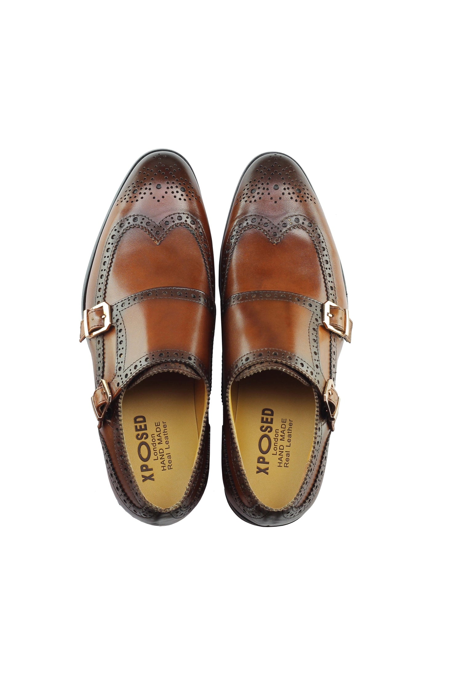 Real Leather Black Brown Brogue Monk Shoes