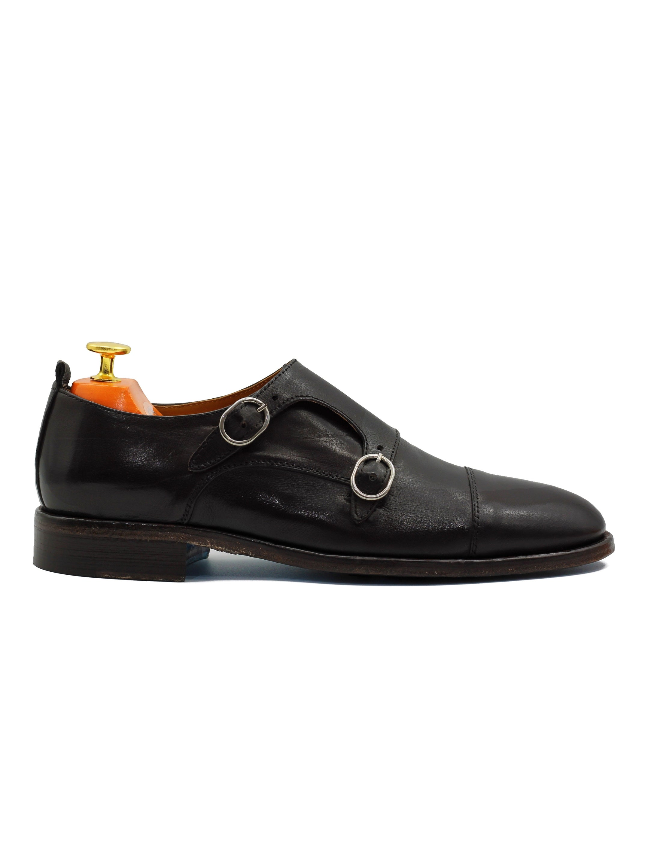 BROWN ITALIAN CALFSKIN DOUBLE BUCKLE MONK LOAFER