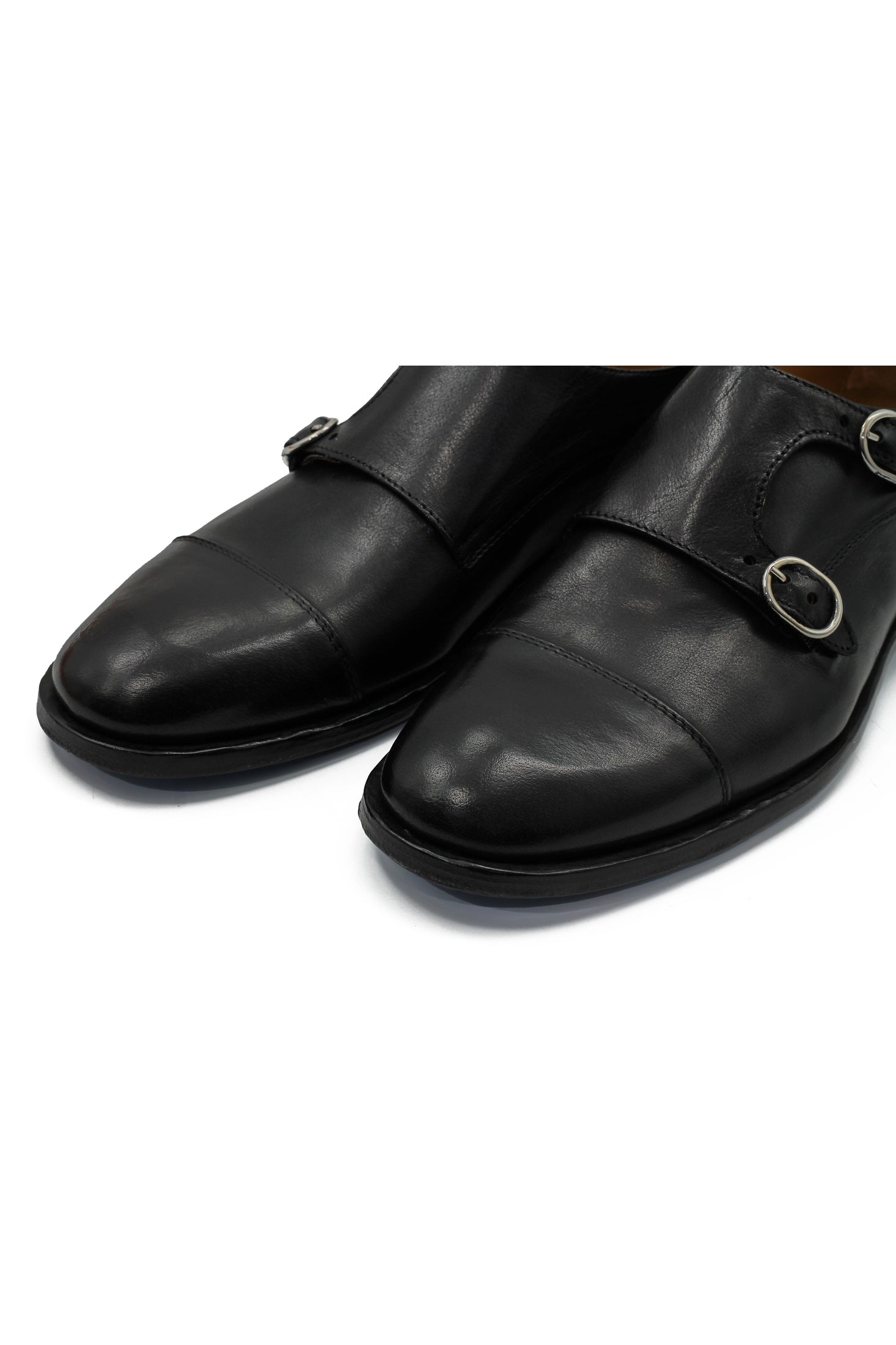 BLACK ITALIAN CALFSKIN DOUBLE BUCKLE MONK LOAFER