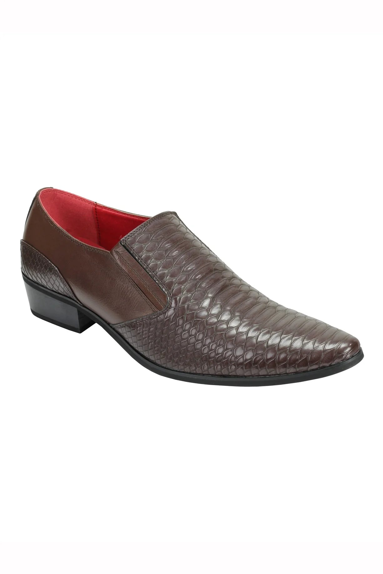 Mens Snakeskin Emboss Leather Loafers Retro Pointy Cuban Heel Slip on Party Shoe