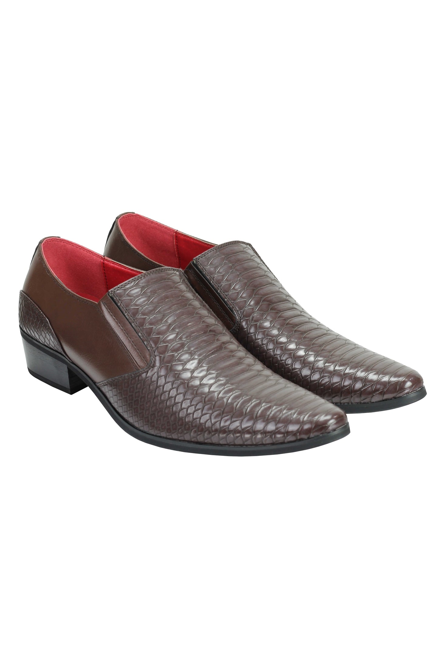 Mens Snakeskin Emboss Leather Loafers Retro Pointy Cuban Heel Slip on Party Shoe