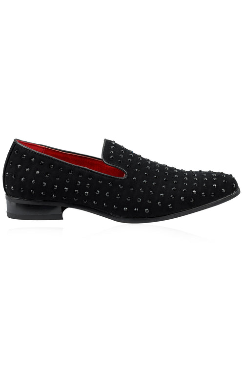 BLACK SUEDE LEATHER LINED GLITTER STUD LOAFERS